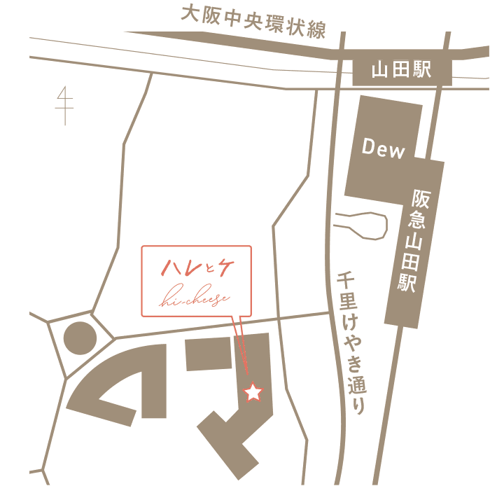 阪急山田駅近くにある「ハレとケ」の店舗周辺地図